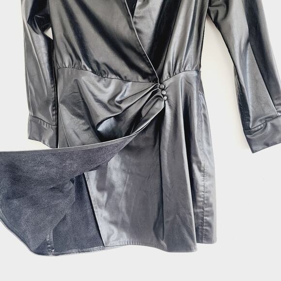 Zara Black Faux Leather Dress Faux Wrap Shirt Dress Lapel Collar Size Small - Picture 4 of 8